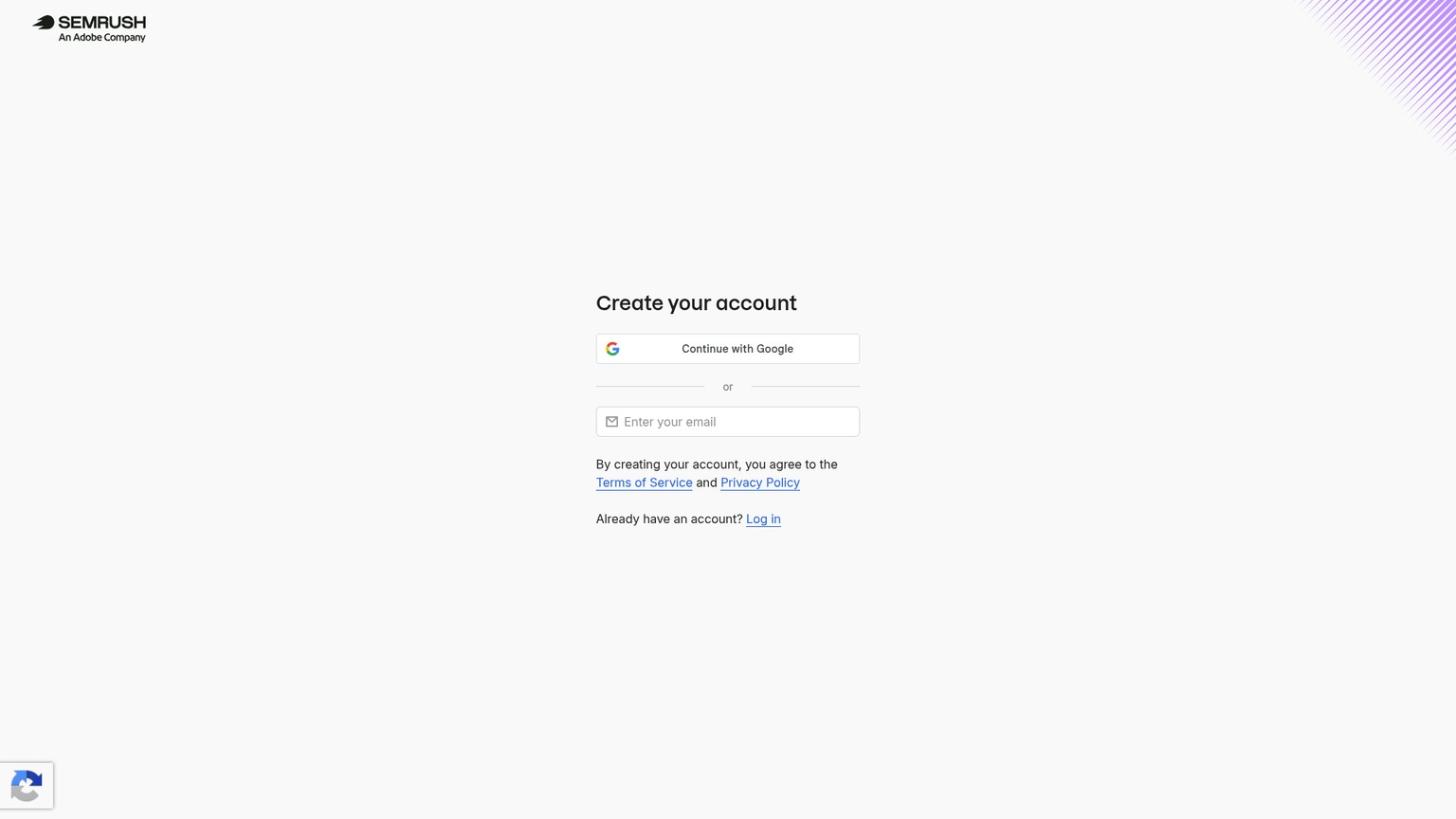 Semrush public account creation page used to begin onboarding and a trial