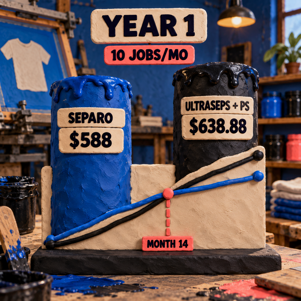 Year-one cost chart for Separo and UltraSeps plus Photoshop at 10 jobs per month