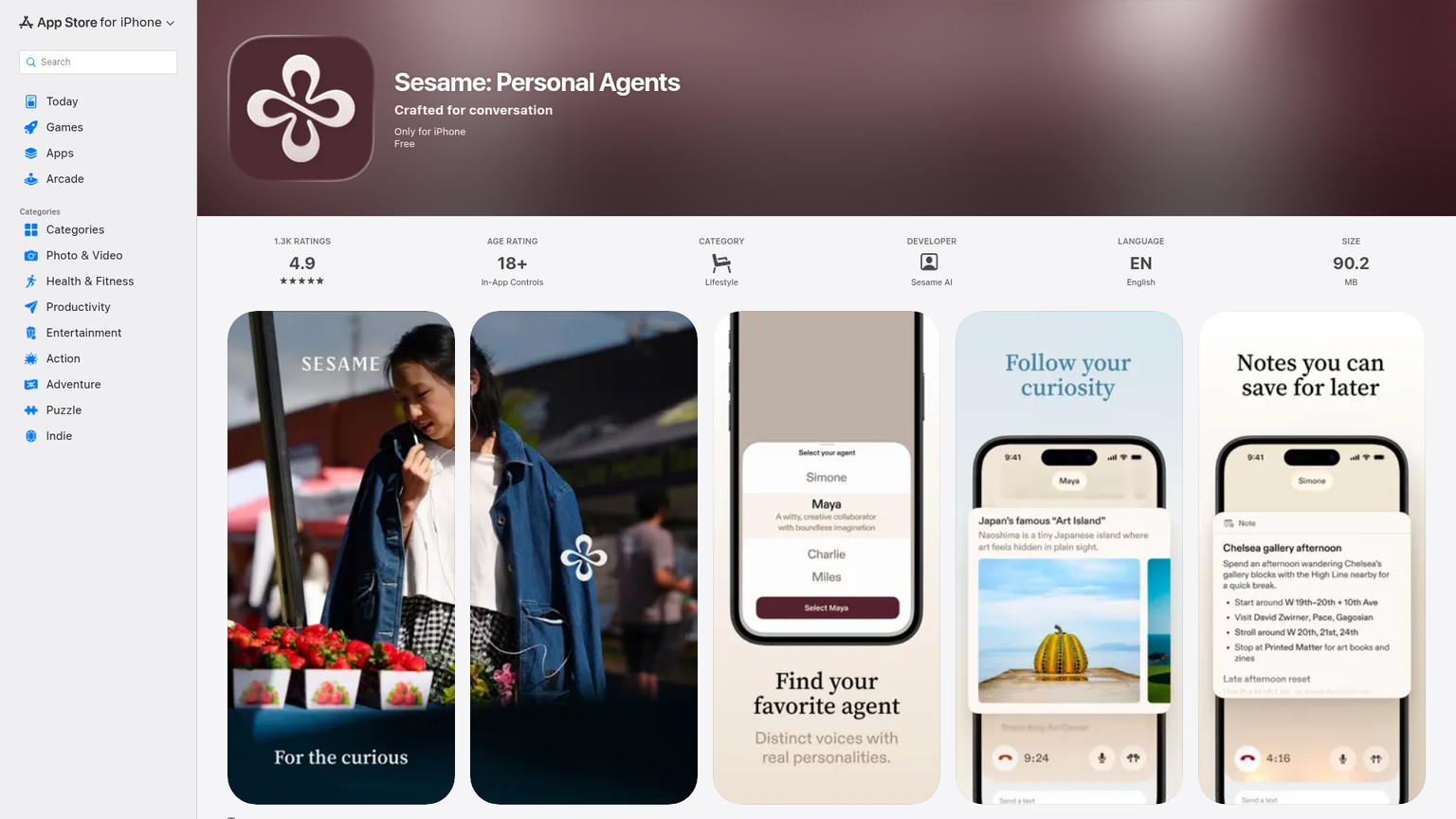 Sesame Personal Agents App Store listing showing the current free price