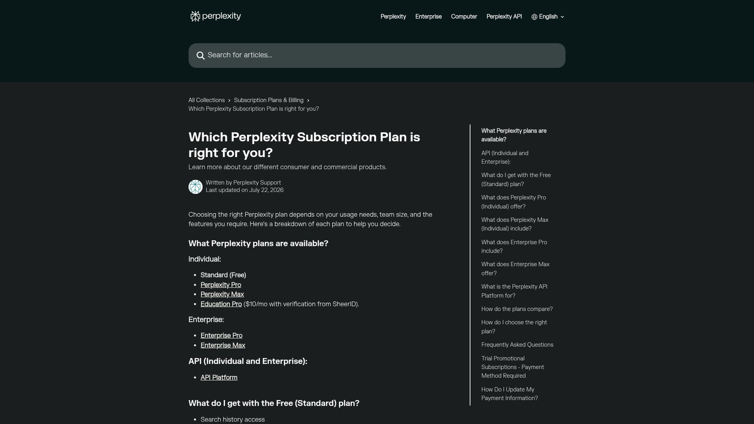 Perplexity plan comparison and enterprise pricing page