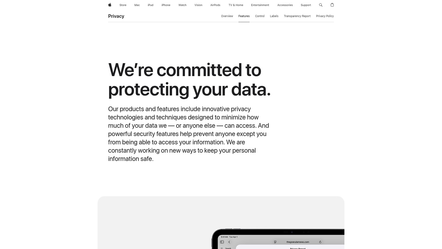 Apple privacy page explaining on-device processing and Private Cloud Compute