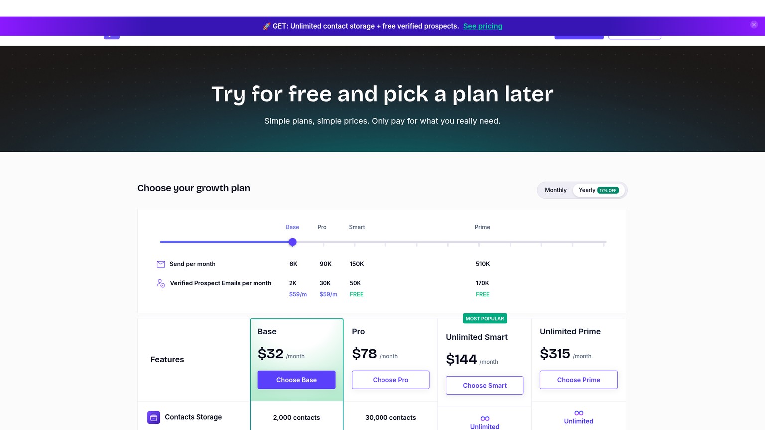 Smartlead pricing page showing tiered plans