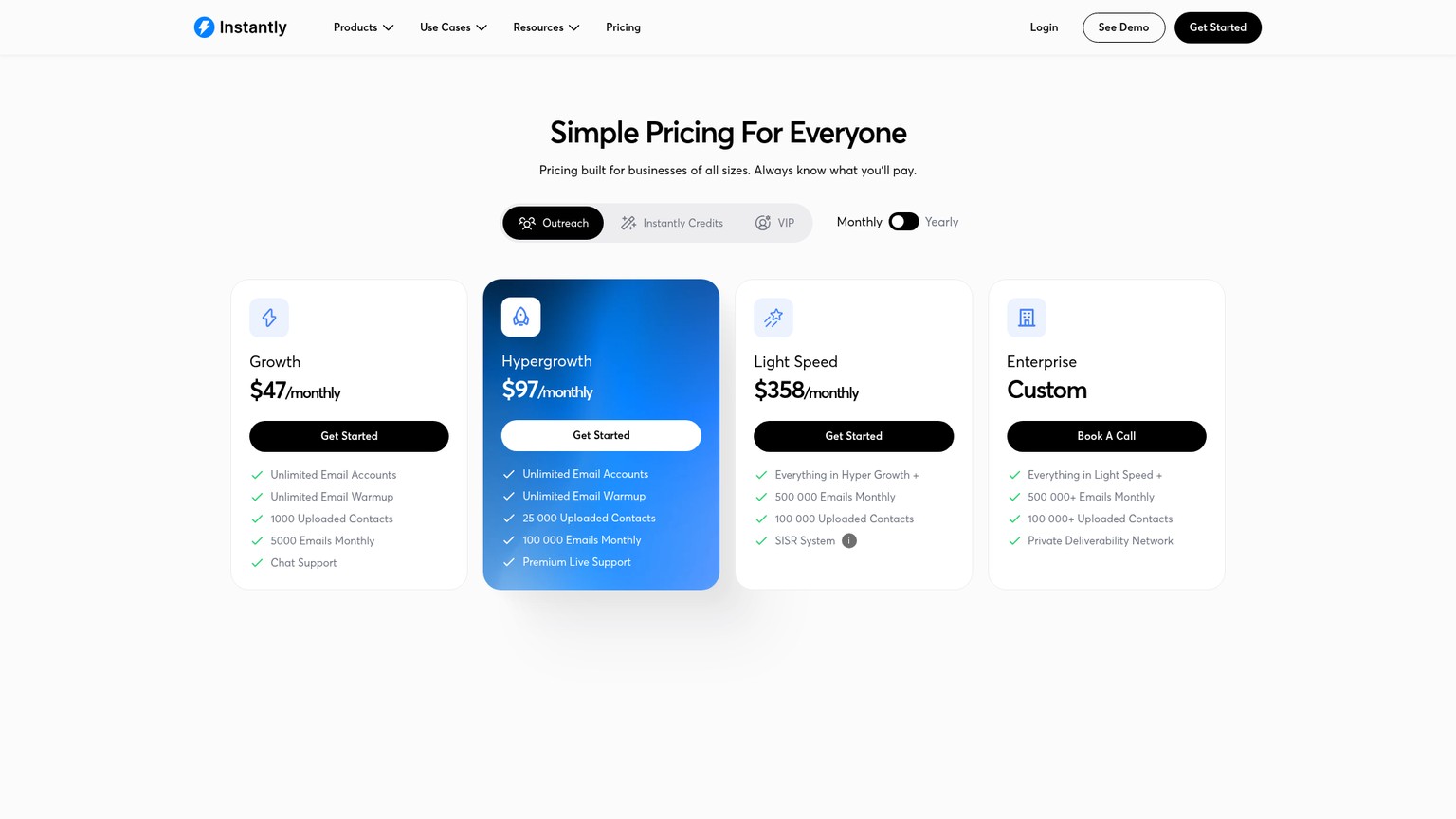 Instantly pricing page showing Outreach and Bundle plans