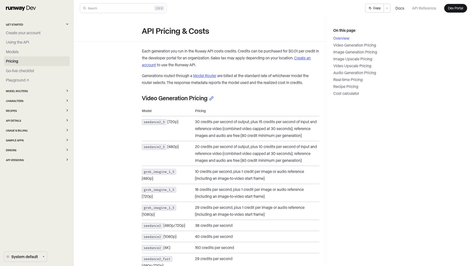 API-Preisseite von Runway mit den Credit-Kosten von Gen-4.5 pro generierter Sekunde