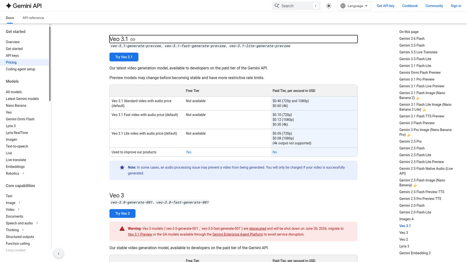 Preisseite der Google Gemini API mit den Sekundenpreisen von Veo 3.1 Standard, Fast und Lite
