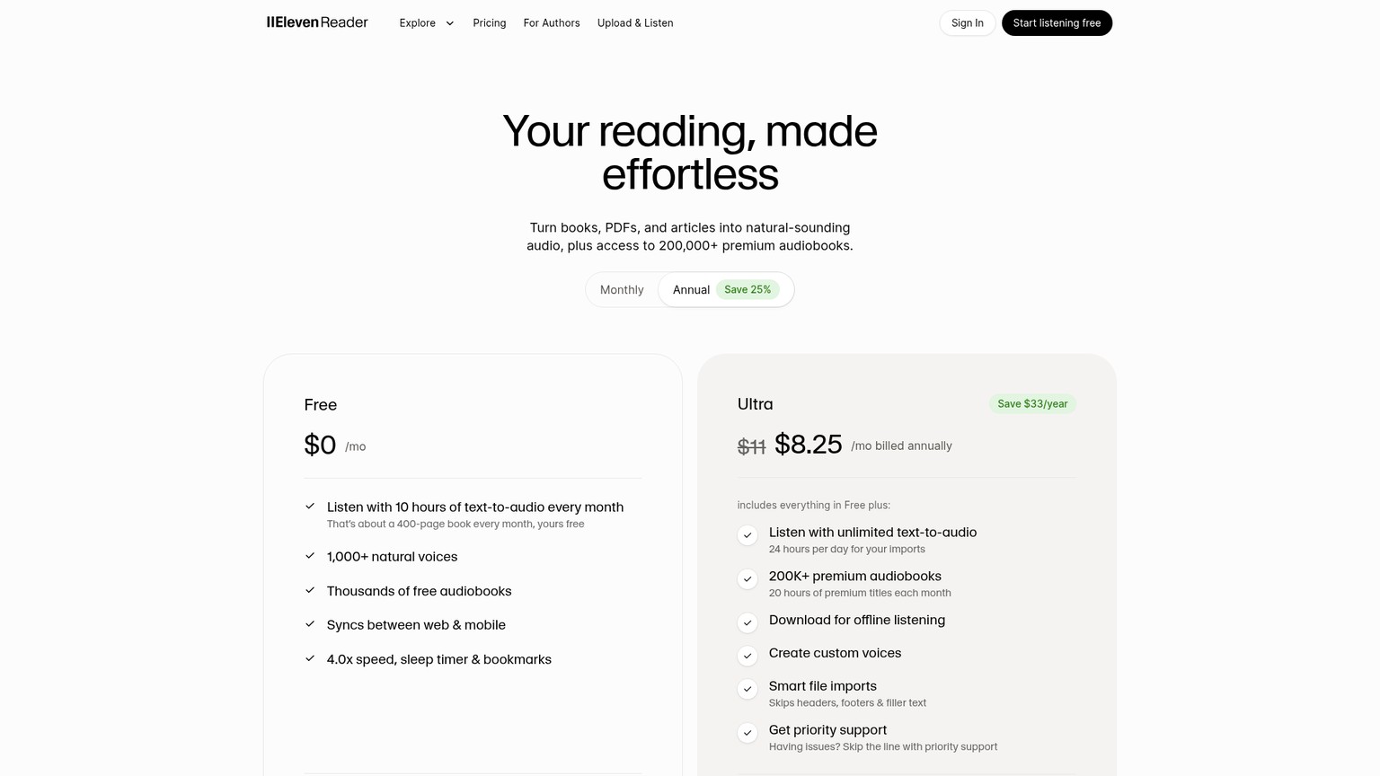 ElevenReader pricing page showing Free and Ultra plans