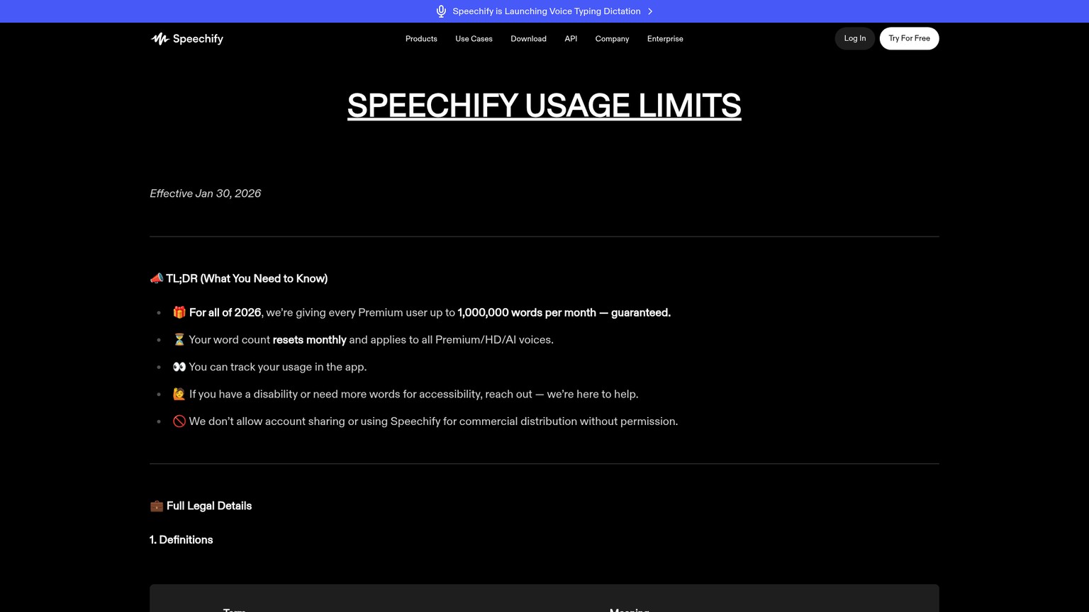 Speechify usage limits page showing the 2026 Premium Voice allowance and baseline