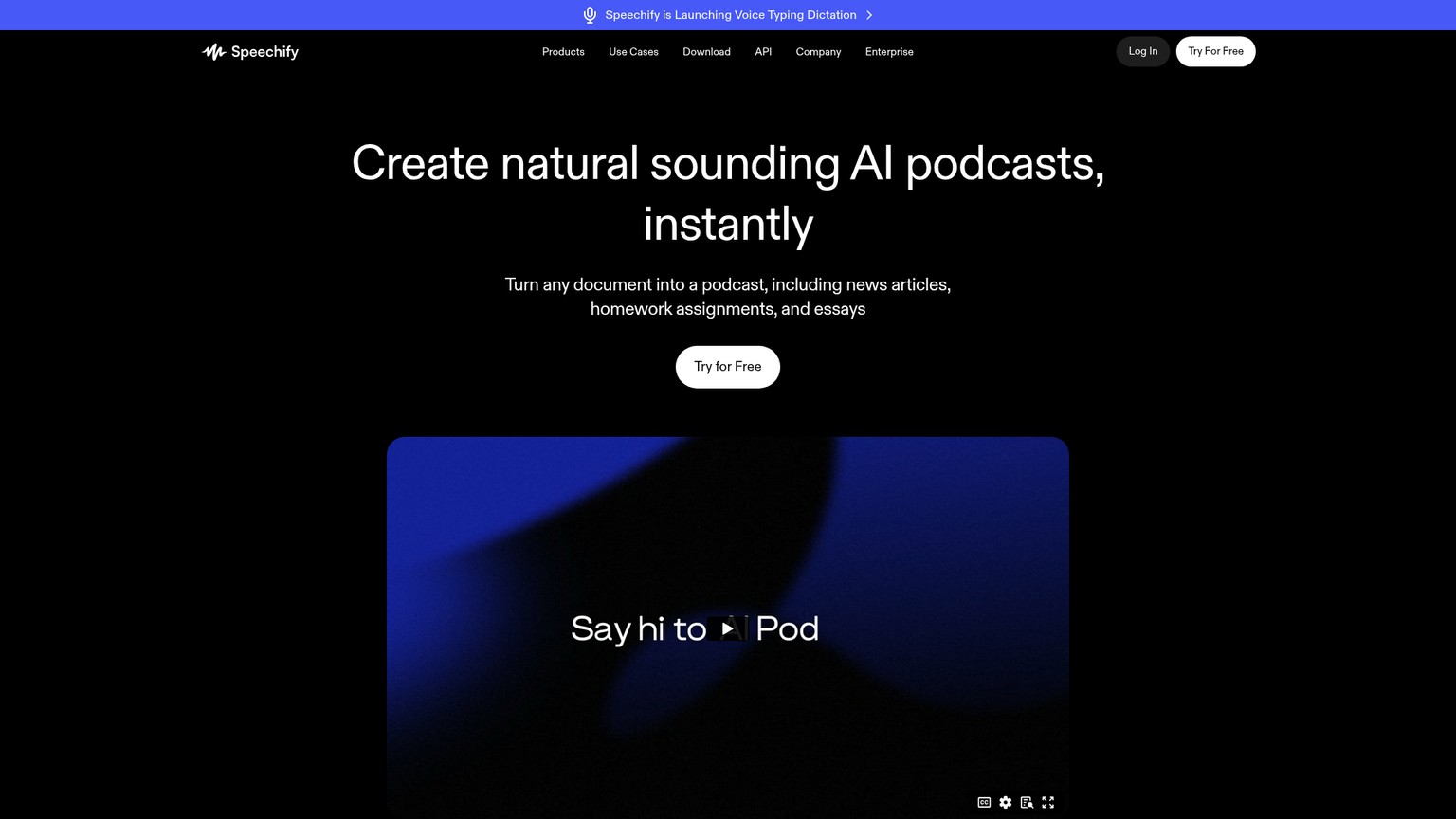 Speechify AI Podcasts page showing Podcast, Late Night Show, Debate, and Lecture styles