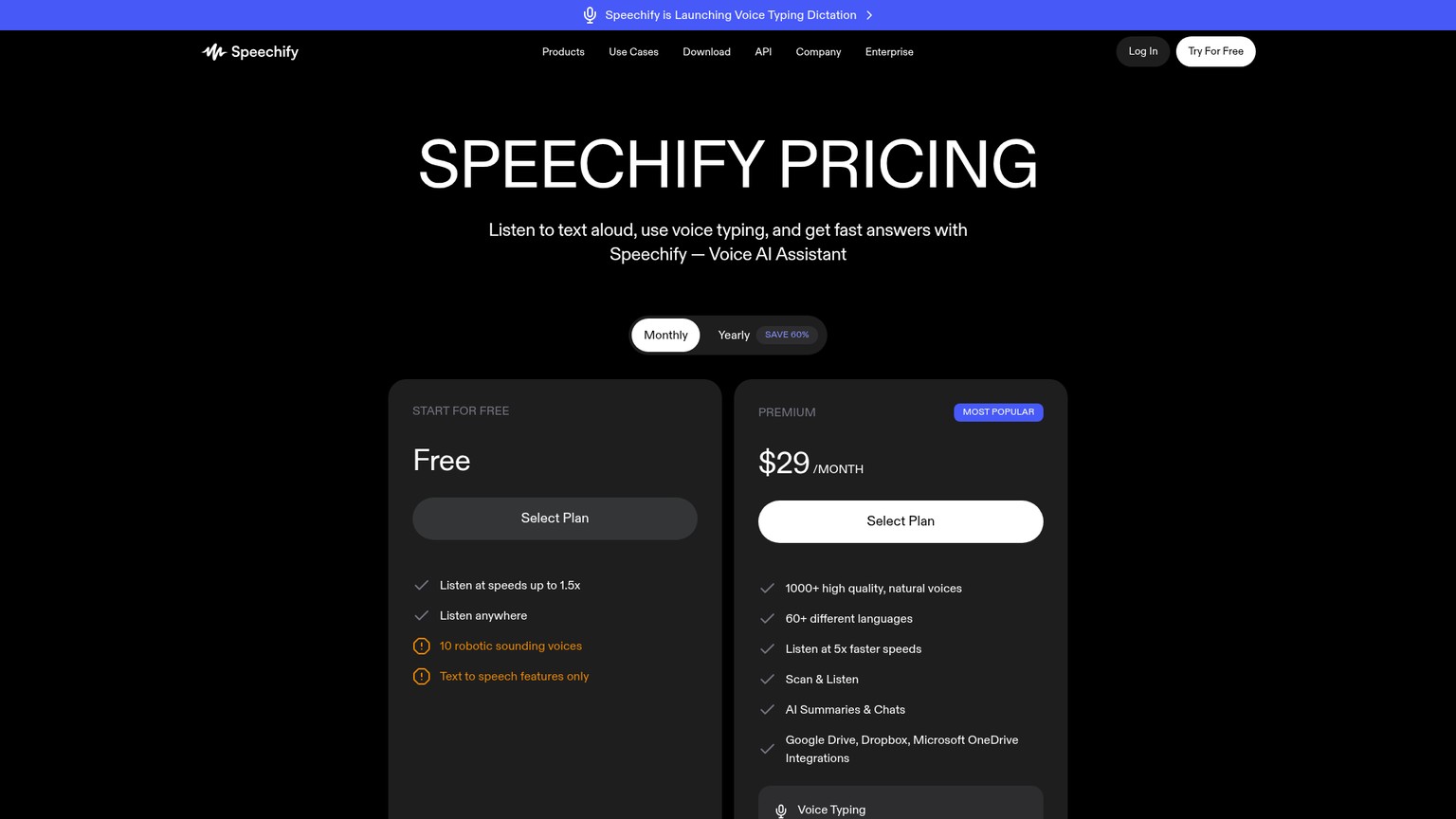 Speechify pricing page showing Free and Premium Reader tiers