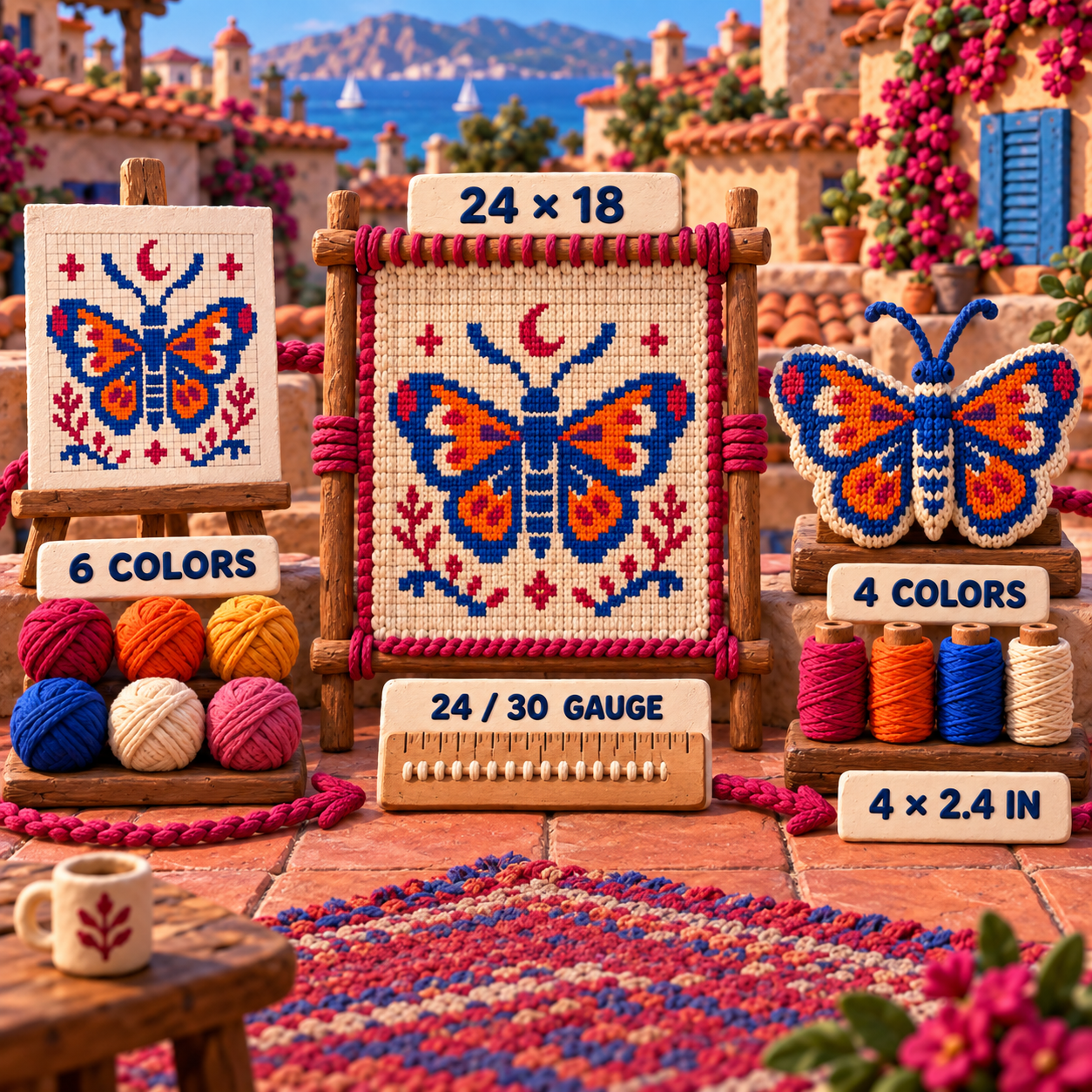 Before and after colourwork motif workflow reducing six source colours to four at a 24 by 18 grid and 24 by 30 gauge