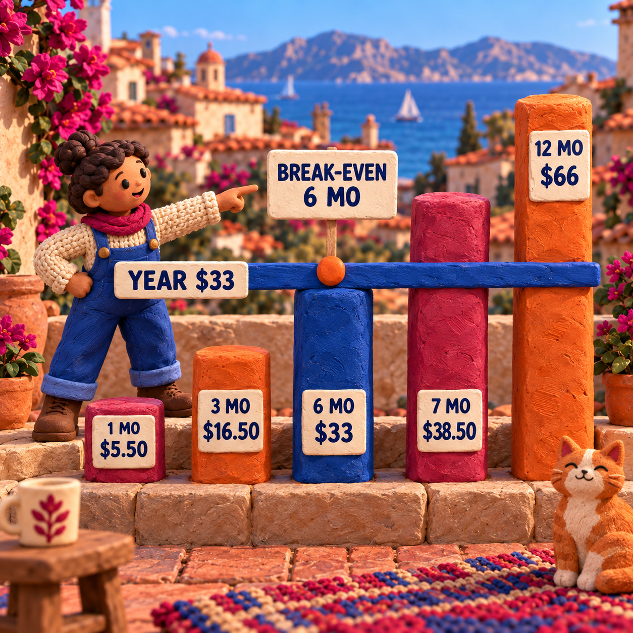 Column chart comparing Stitch Fiddle monthly payments with its 33 dollar annual plan at one, three, six, seven, and twelve paid months