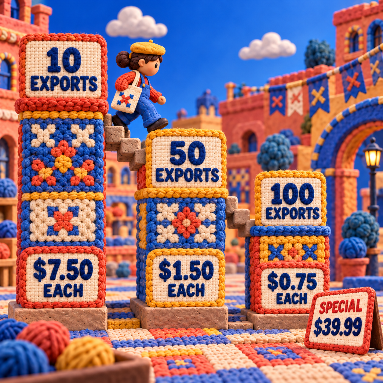 Clay bars showing Stitchly Full Version cost per export at 10, 50, and 100 lifetime exports