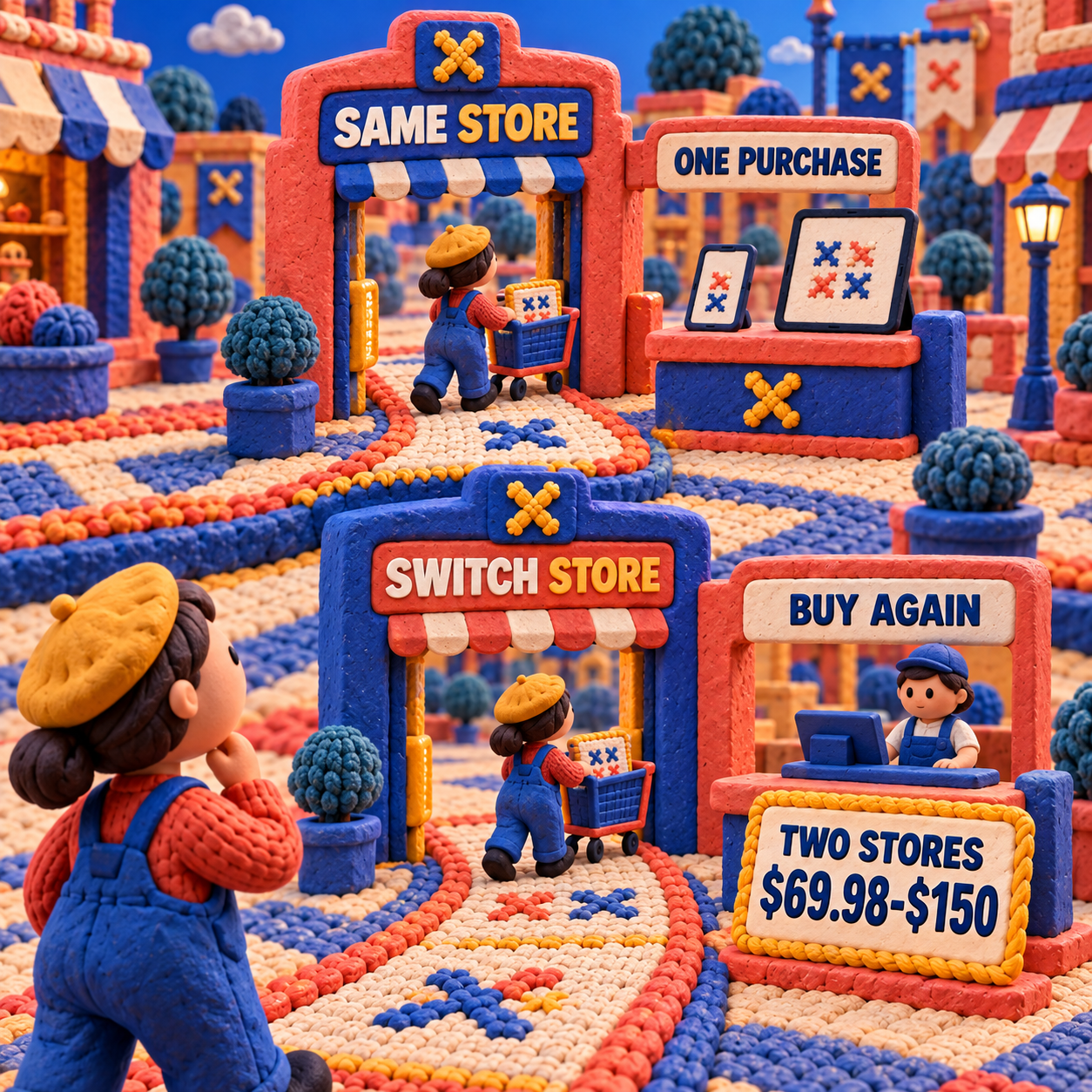 Clay decision path showing one Stitchly purchase within a store and a second checkout after switching stores