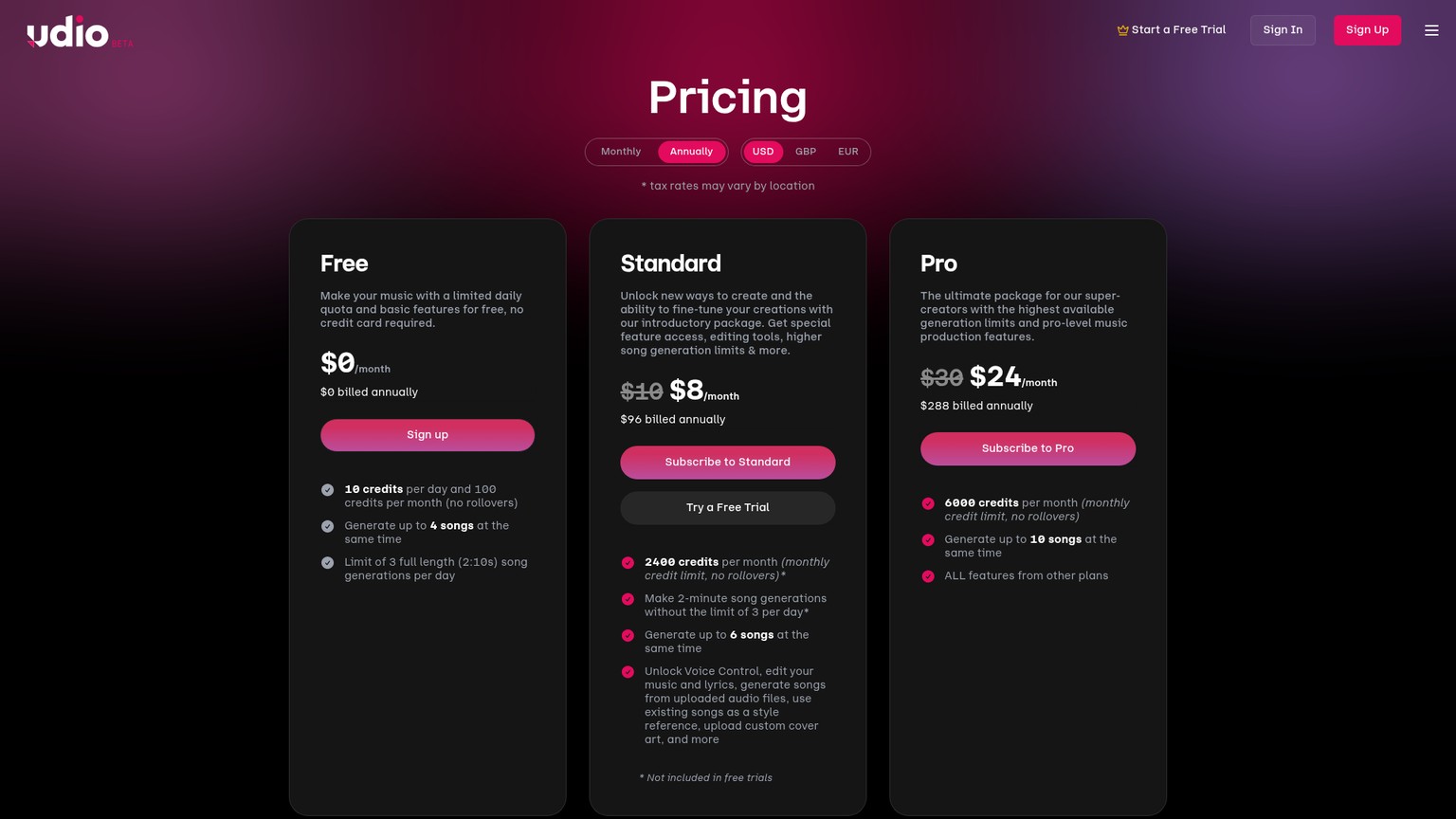 Página de preços do Udio com os planos Free, Standard e Pro