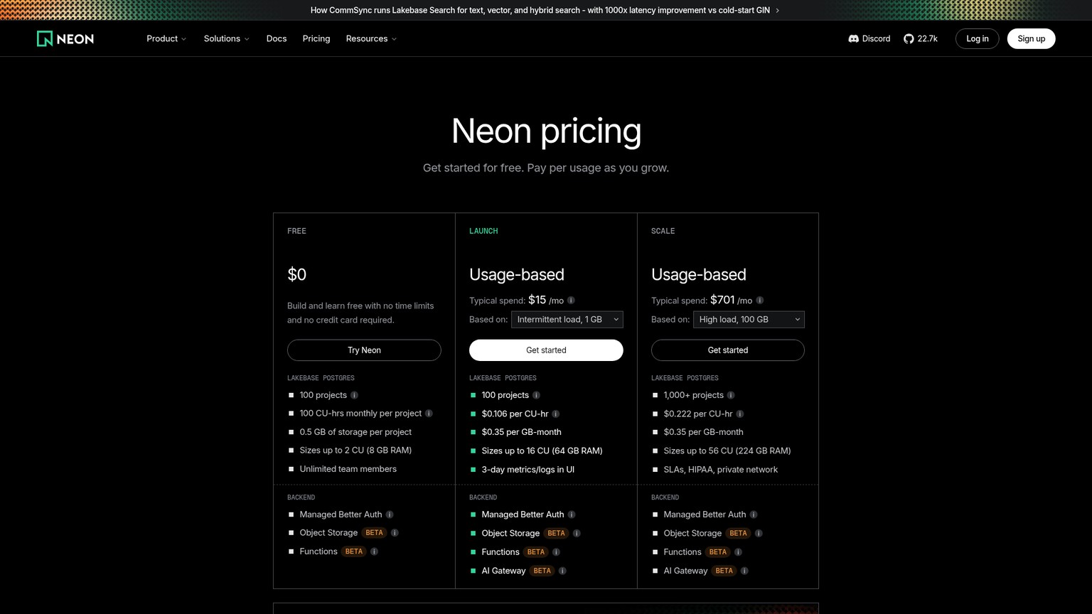 Neon pricing page showing Free, Launch, and Scale usage-based plans