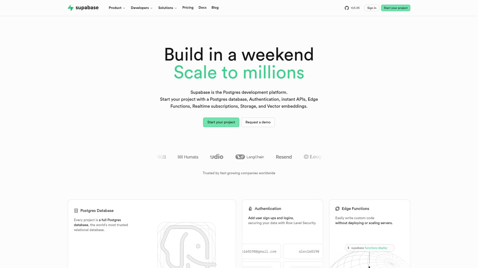 Supabase dashboard and homepage