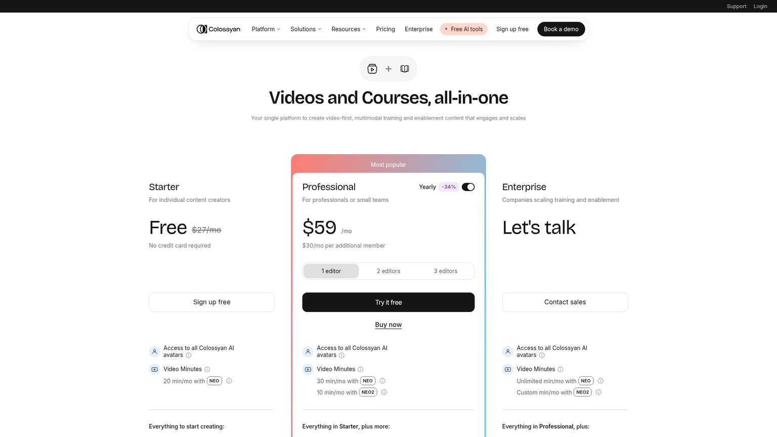Colossyan live pricing page showing Starter, Professional, and Enterprise plans