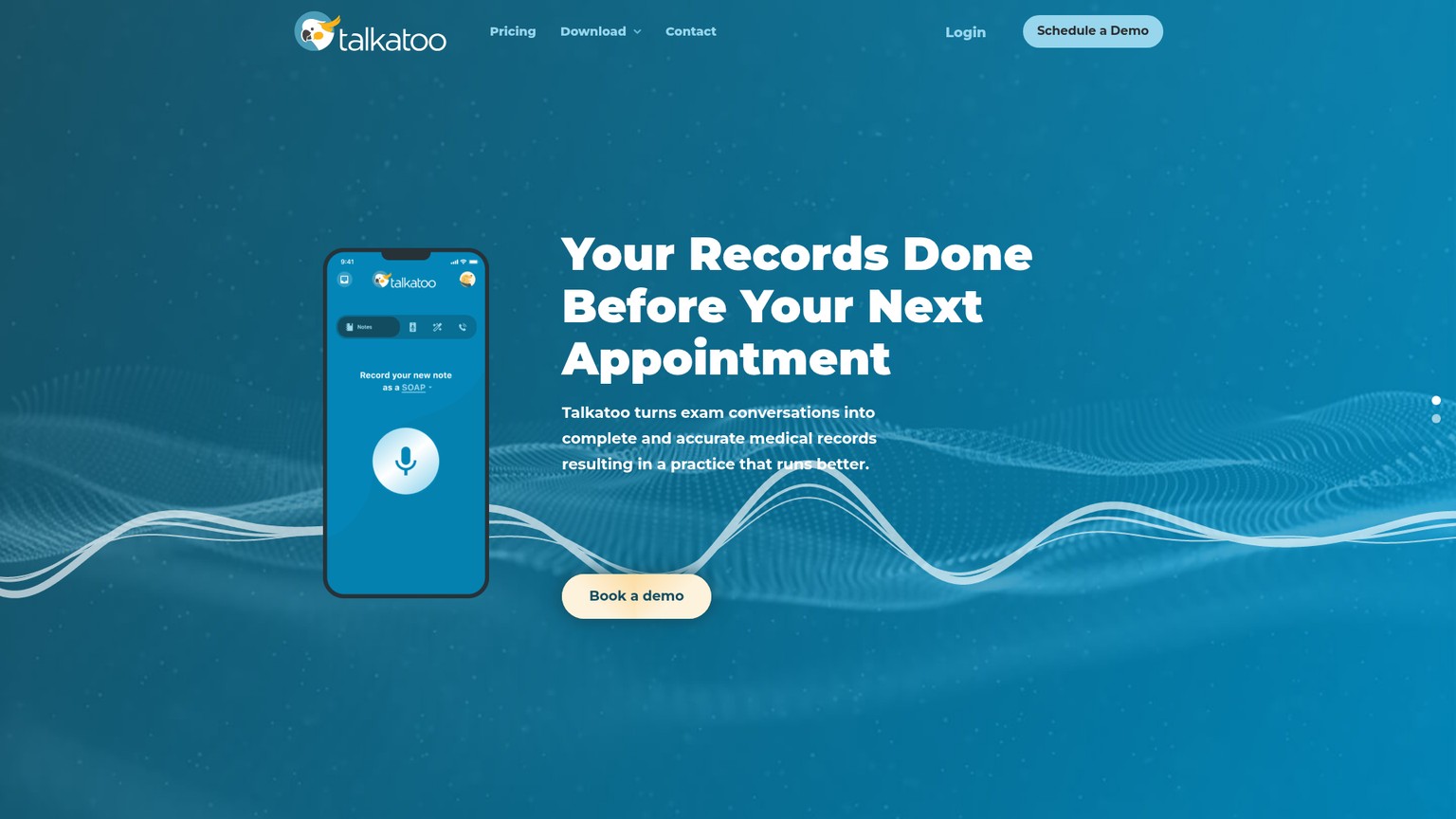 صفحة Talkatoo البيطرية التي تعرض Auto Records وCall Summary وAuto Follow-Up وAI Assistant وDesktop Dictation