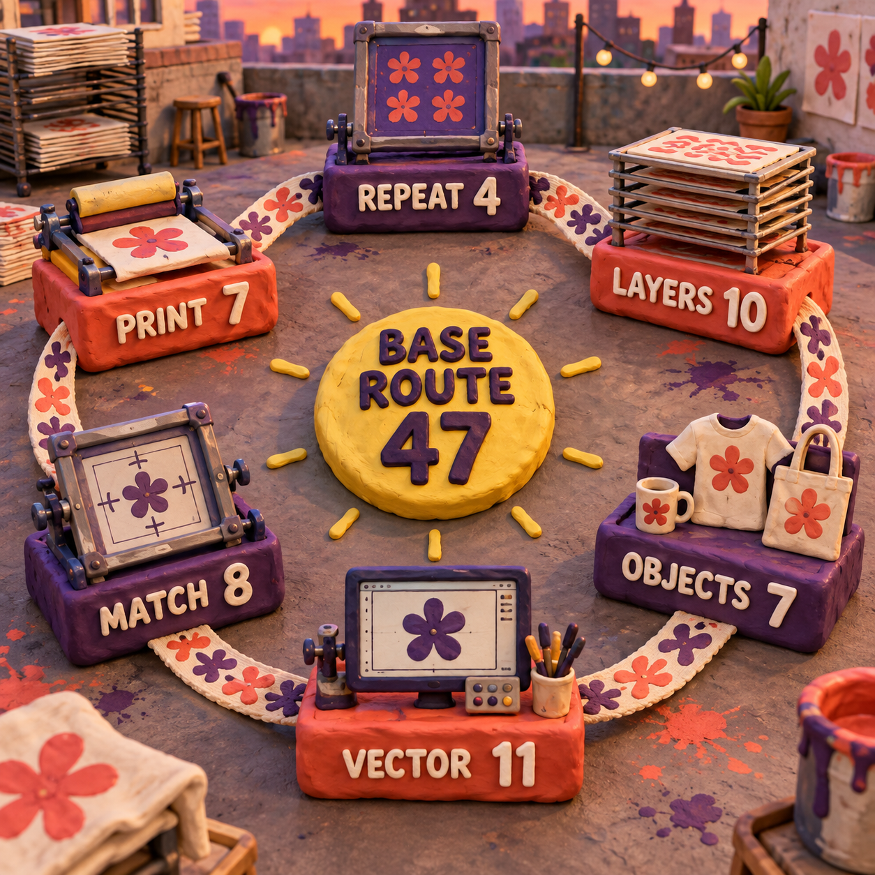 Clay screen stations adding the six Textile Designer AI base credit costs to a 47-credit route
