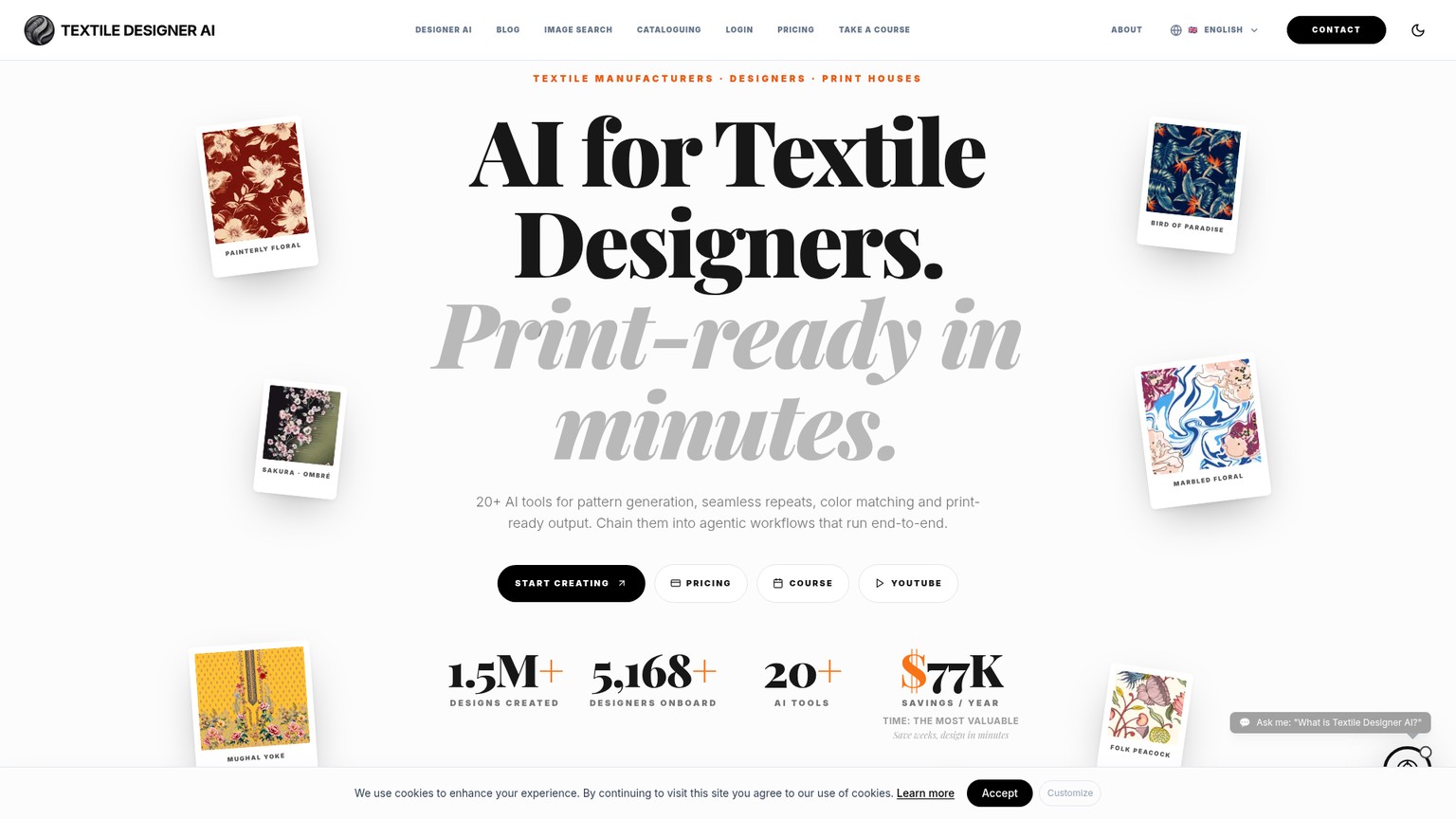 Textile Designer AI homepage showing its textile design workflow tools