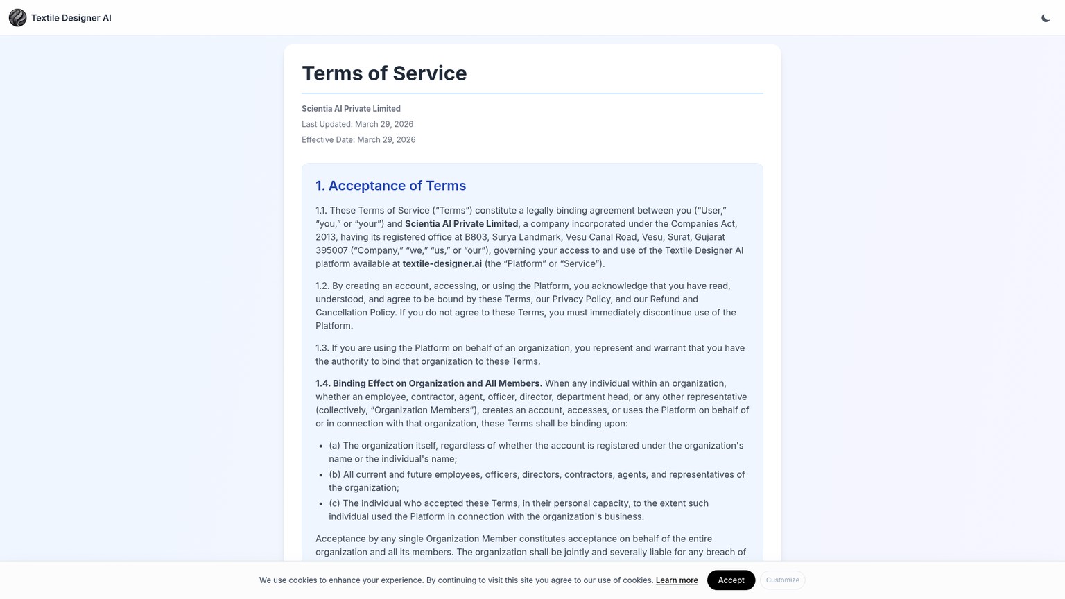Textile Designer AI terms page describing ownership, AI training rights, and enterprise opt-out