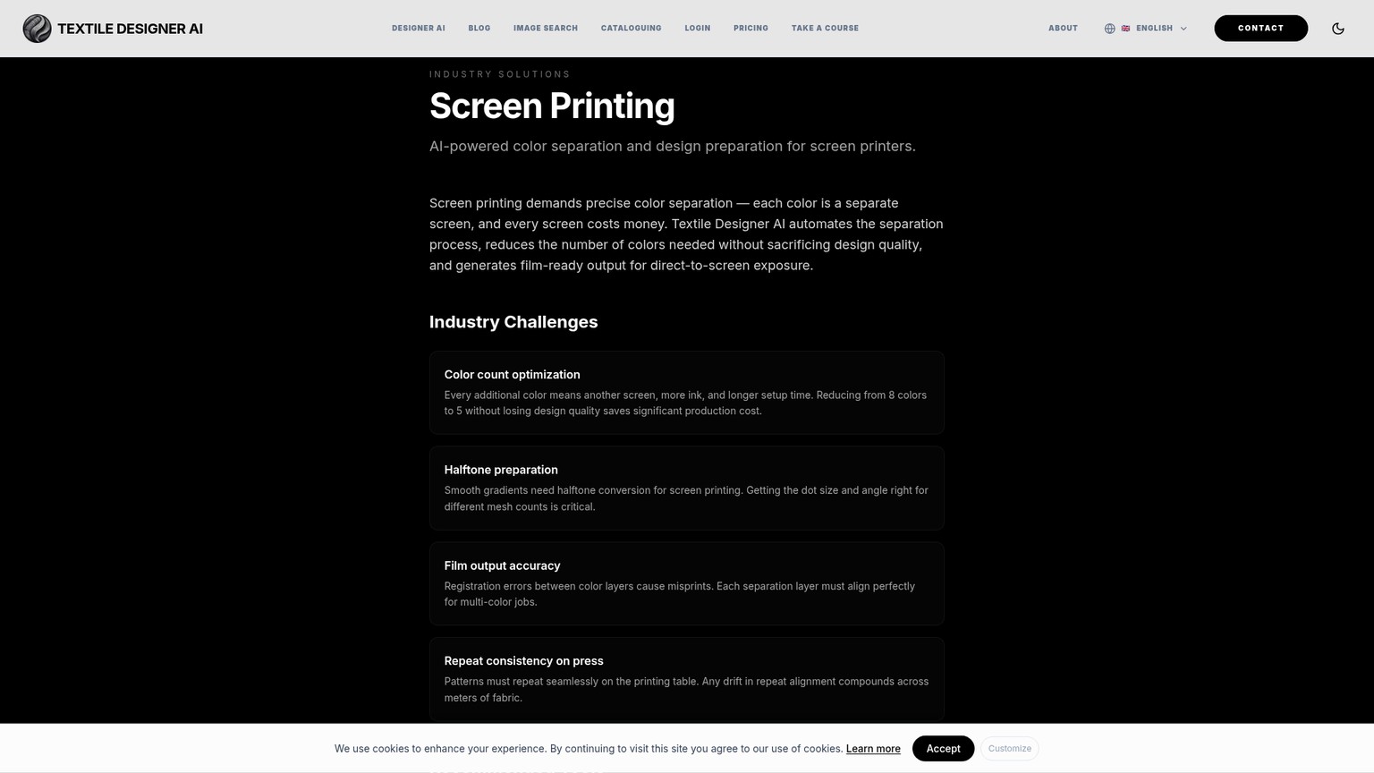 Textile Designer AI screen-printing industry page with separation and halftone workflow details