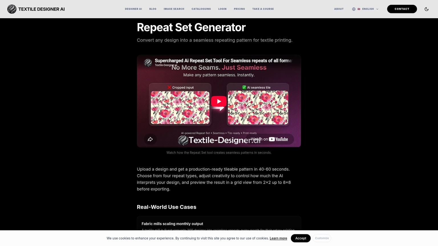 Textile Designer AI Repeat Set page describing repeat generation and grid previews