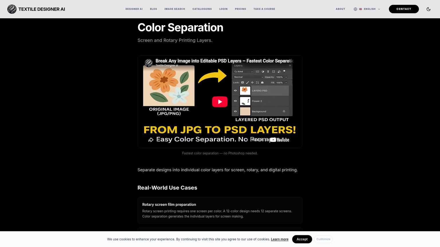 Textile Designer AI Color Separation page for creating editable print layers