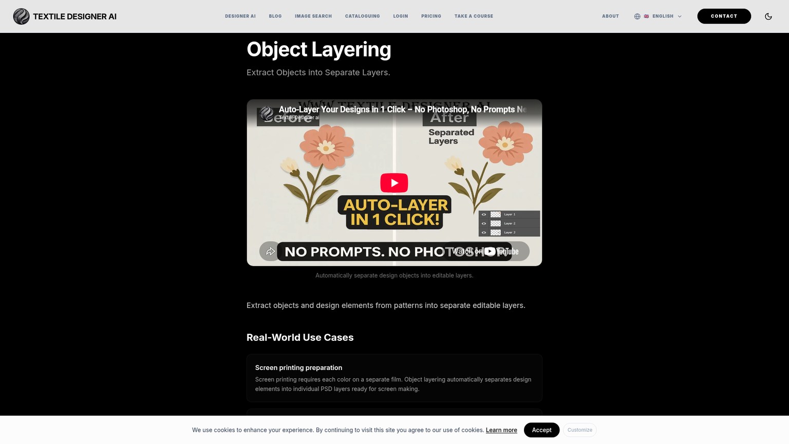 Textile Designer AI Object Layering page for extracting pattern elements into PSD layers