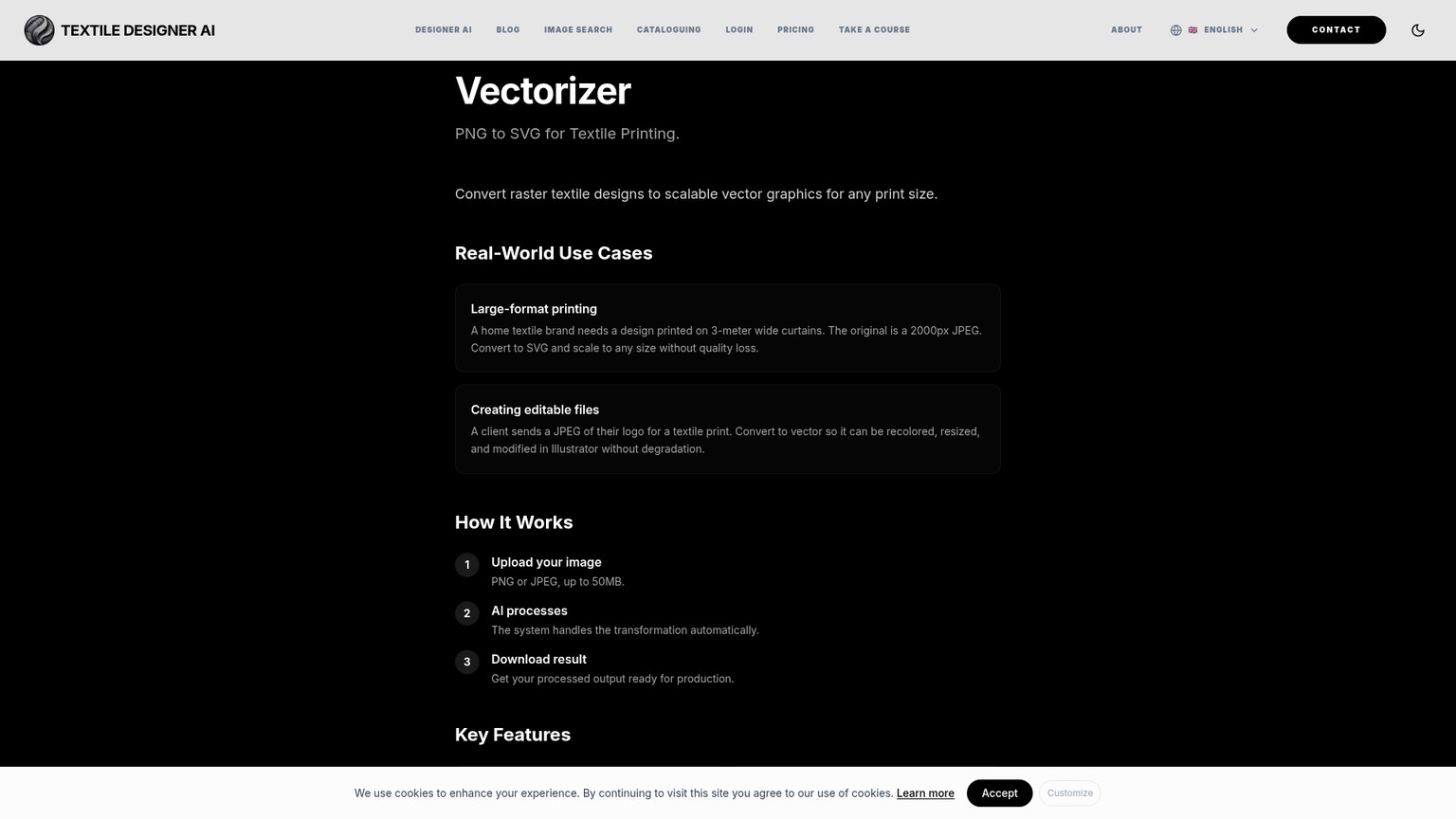 Textile Designer AI Vectorizer page for converting raster textile artwork to scalable vectors