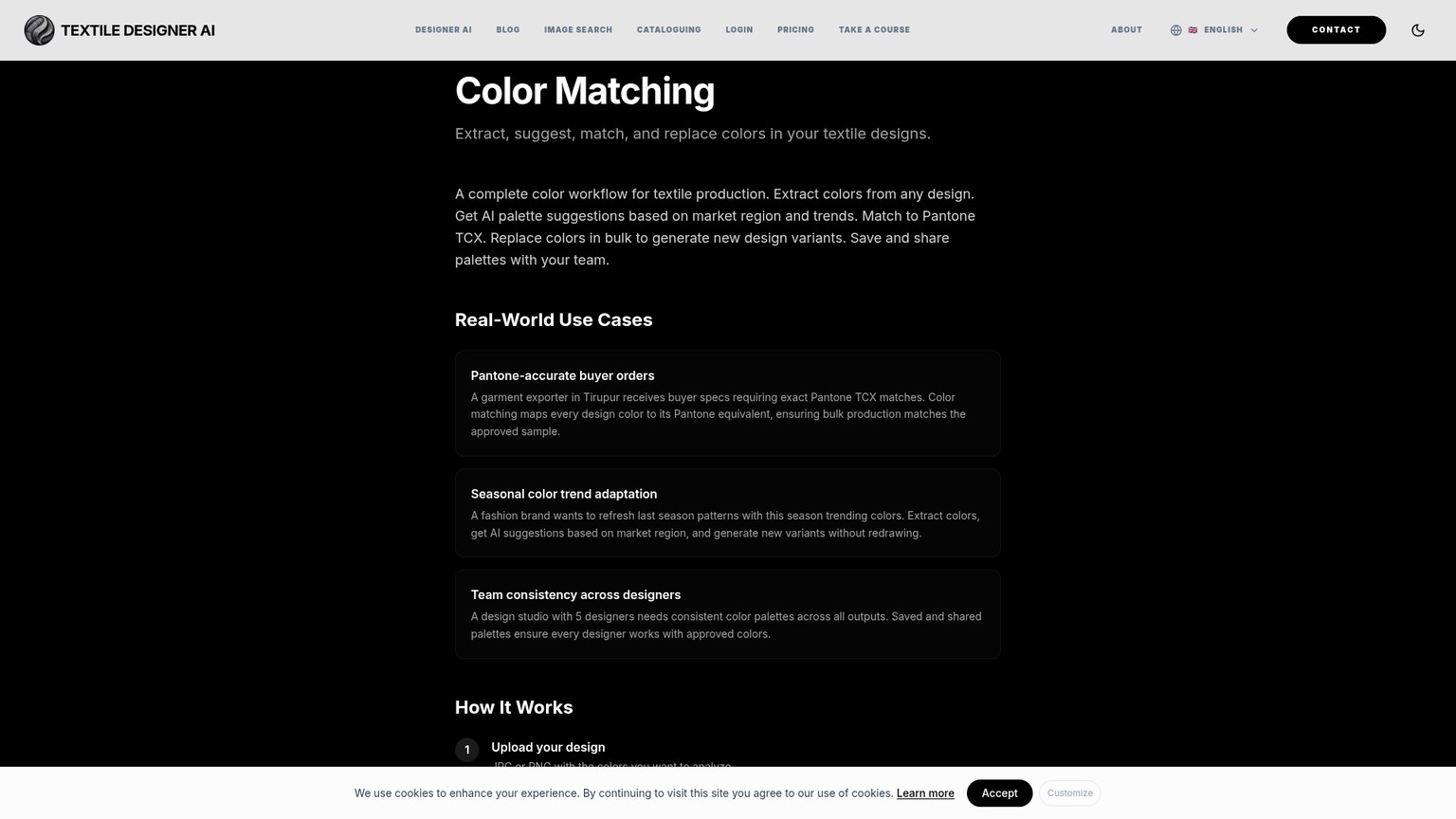 Textile Designer AI Color Matching page with palette extraction and Pantone TCX mapping