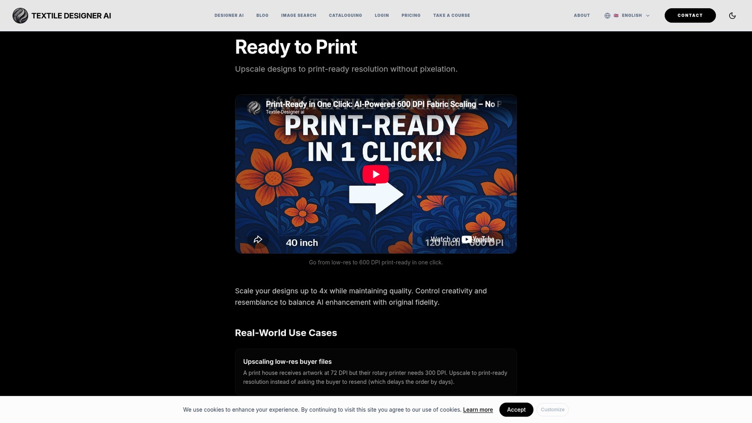 Textile Designer AI Ready to Print page for scaling raster textile artwork