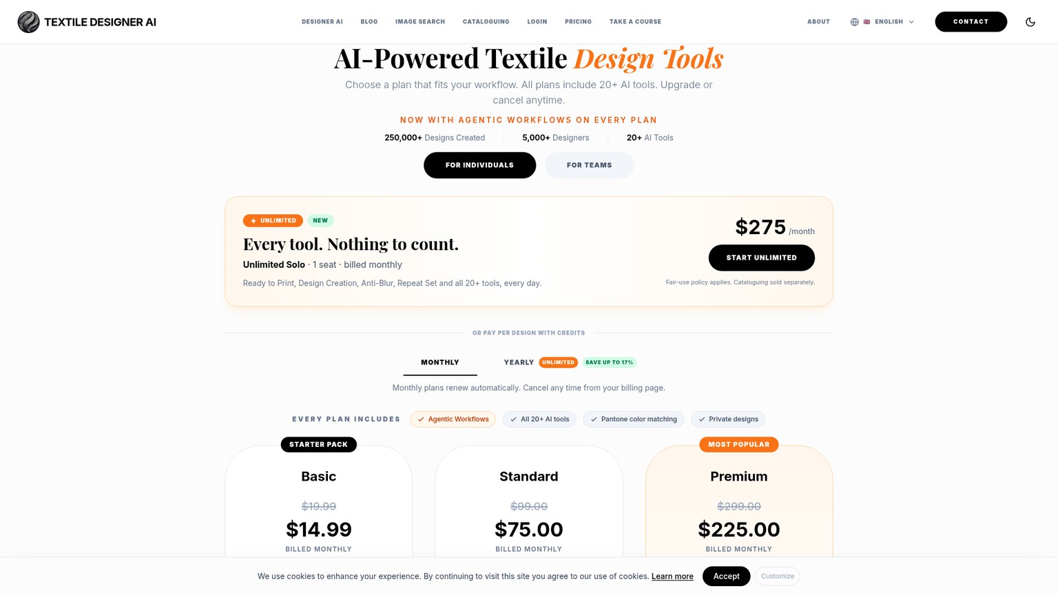 Textile Designer AI pricing page with credit and unlimited plans