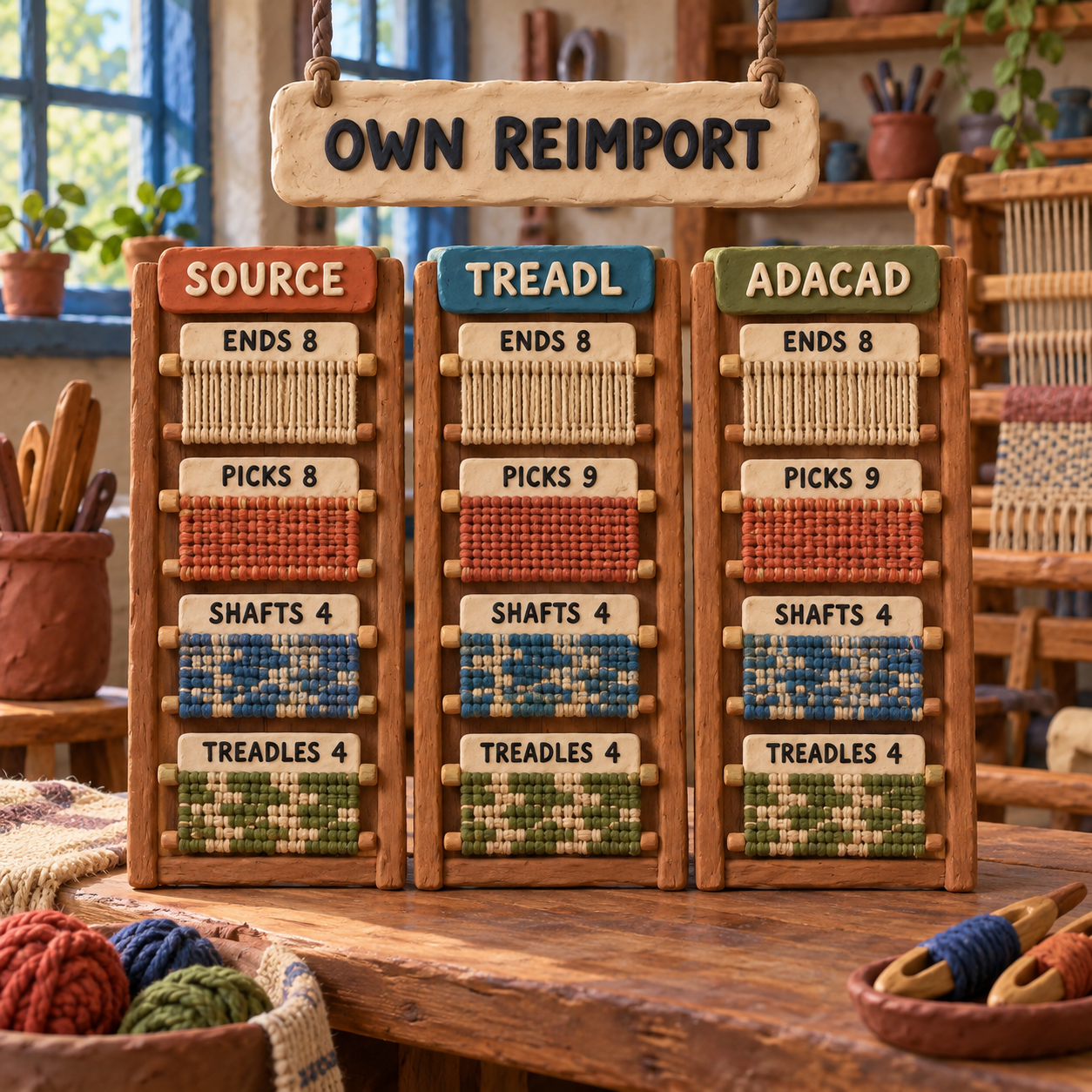 Clay calibration chart showing an 8-end 8-pick source and two 8-end 9-pick reimports with 4 shafts and 4 treadles