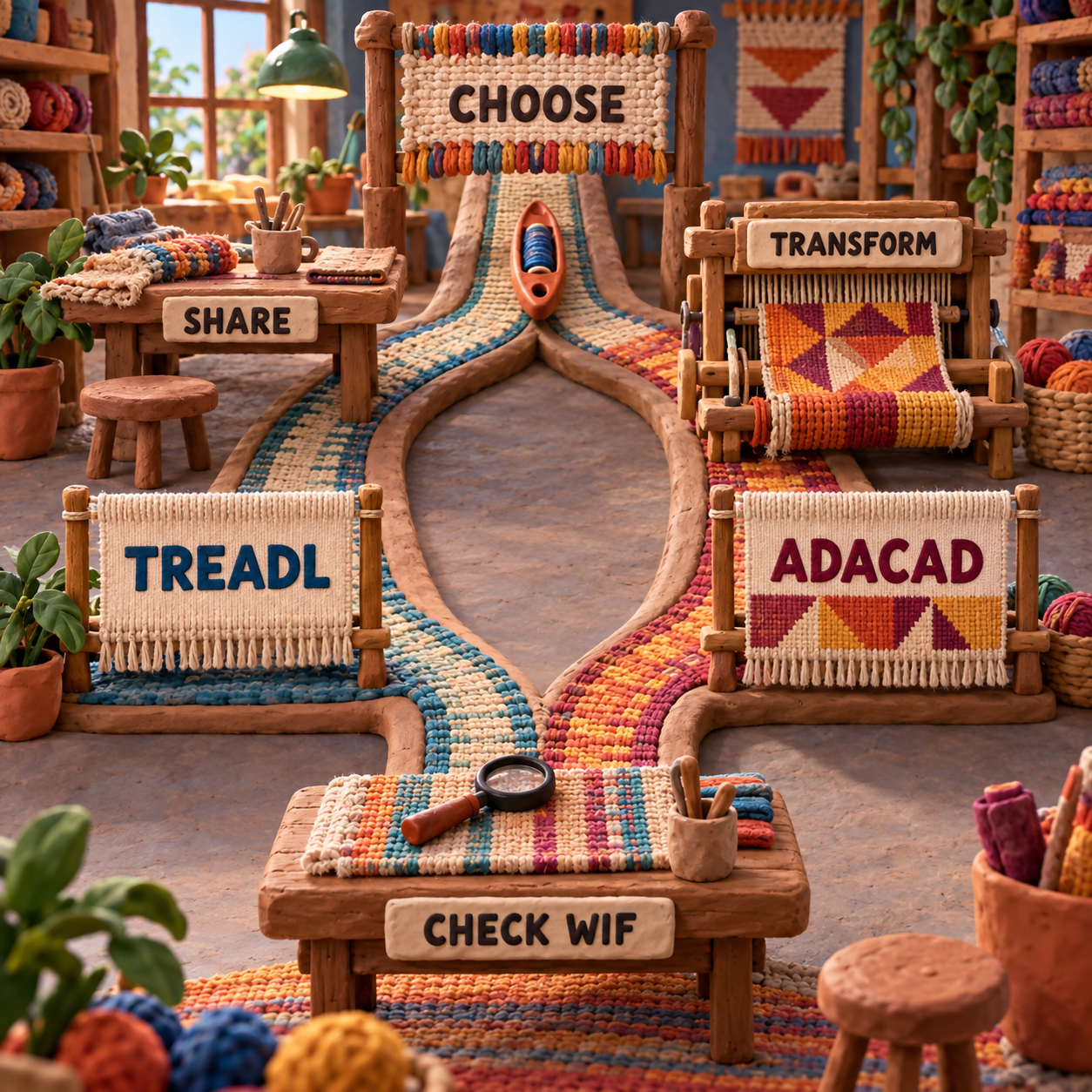 Clay decision path routing sharing to Treadl, transformation to AdaCAD, and both through a WIF check