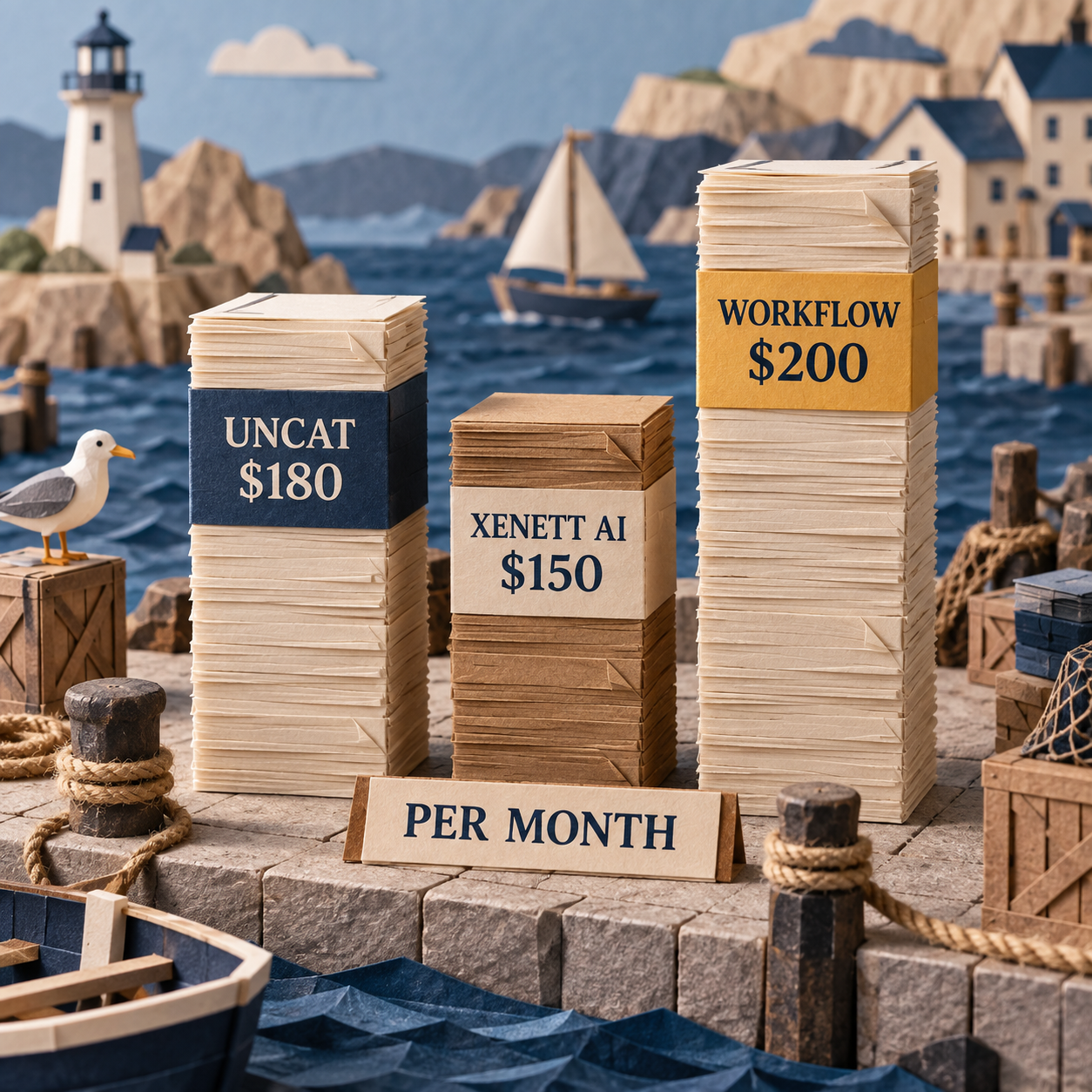 Paper column chart comparing monthly Uncat and Xenett costs for 20 clients