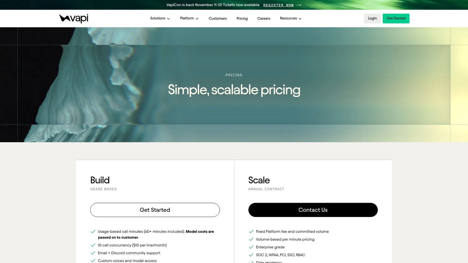 Vapi pricing page showing Build and Scale plans