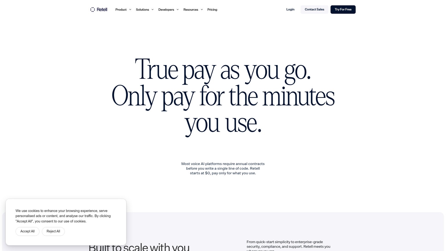 Retell AI pricing page with pay-as-you-go rates and calculator