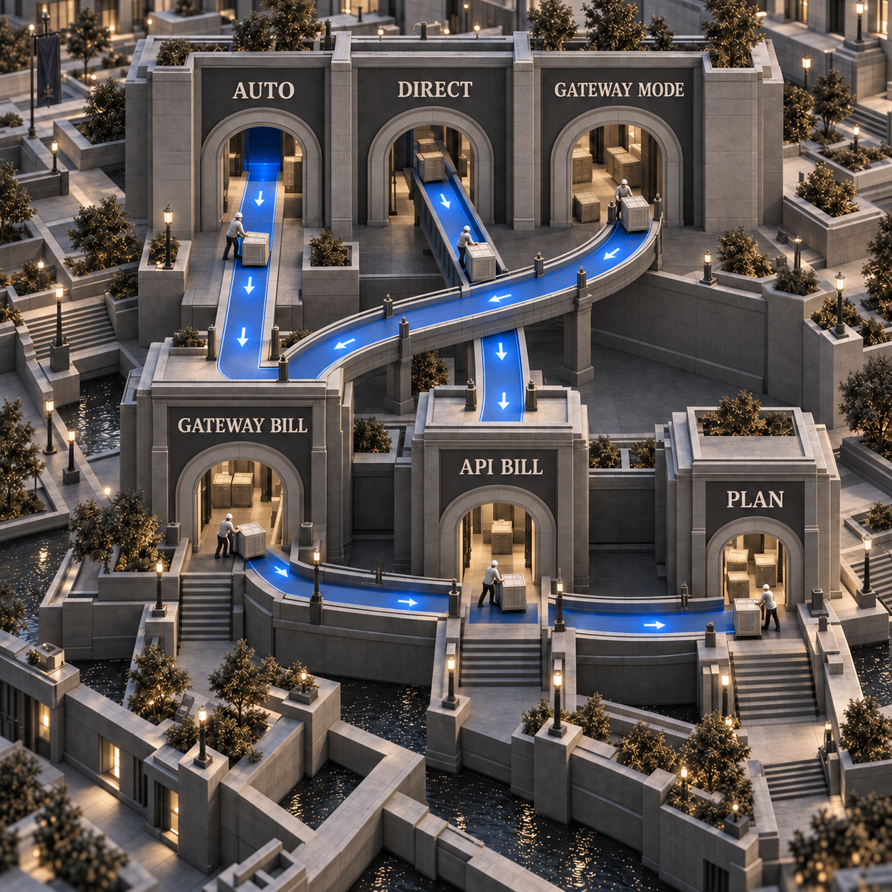Architectural routing model showing Auto, Direct, and Gateway entrances leading to subscription allowance, provider API, or AI Gateway billing