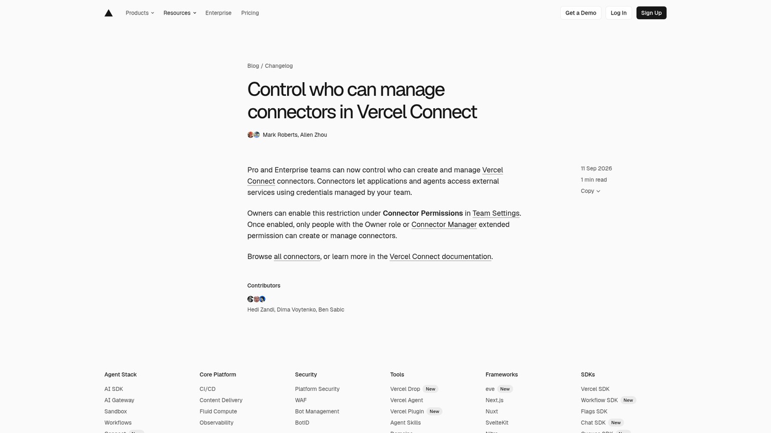 Vercel Connect Connector Permissions setting for restricting connector management