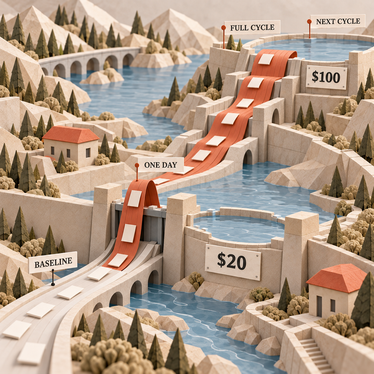 A paper calendar showing a one-day traffic spike staying in the same month and sustained traffic moving from the $20 CDN tier to the $100 tier next cycle