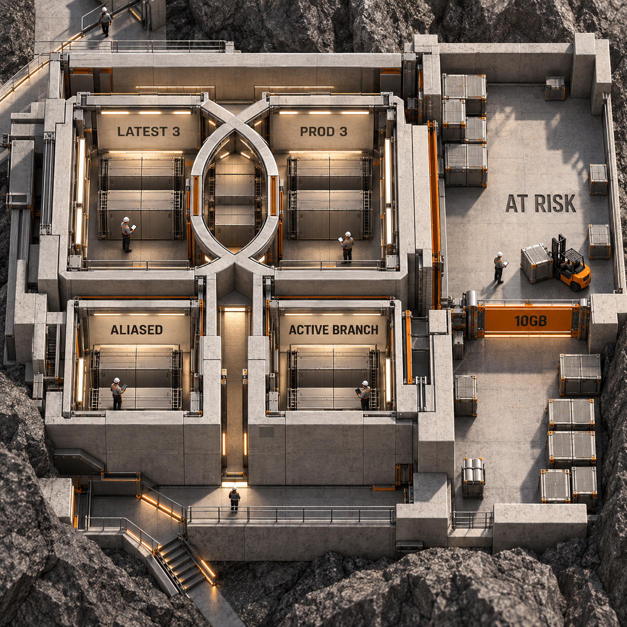 Architectural map showing protected Vercel Hobby deployments and the unprotected cleanup area above 10GB