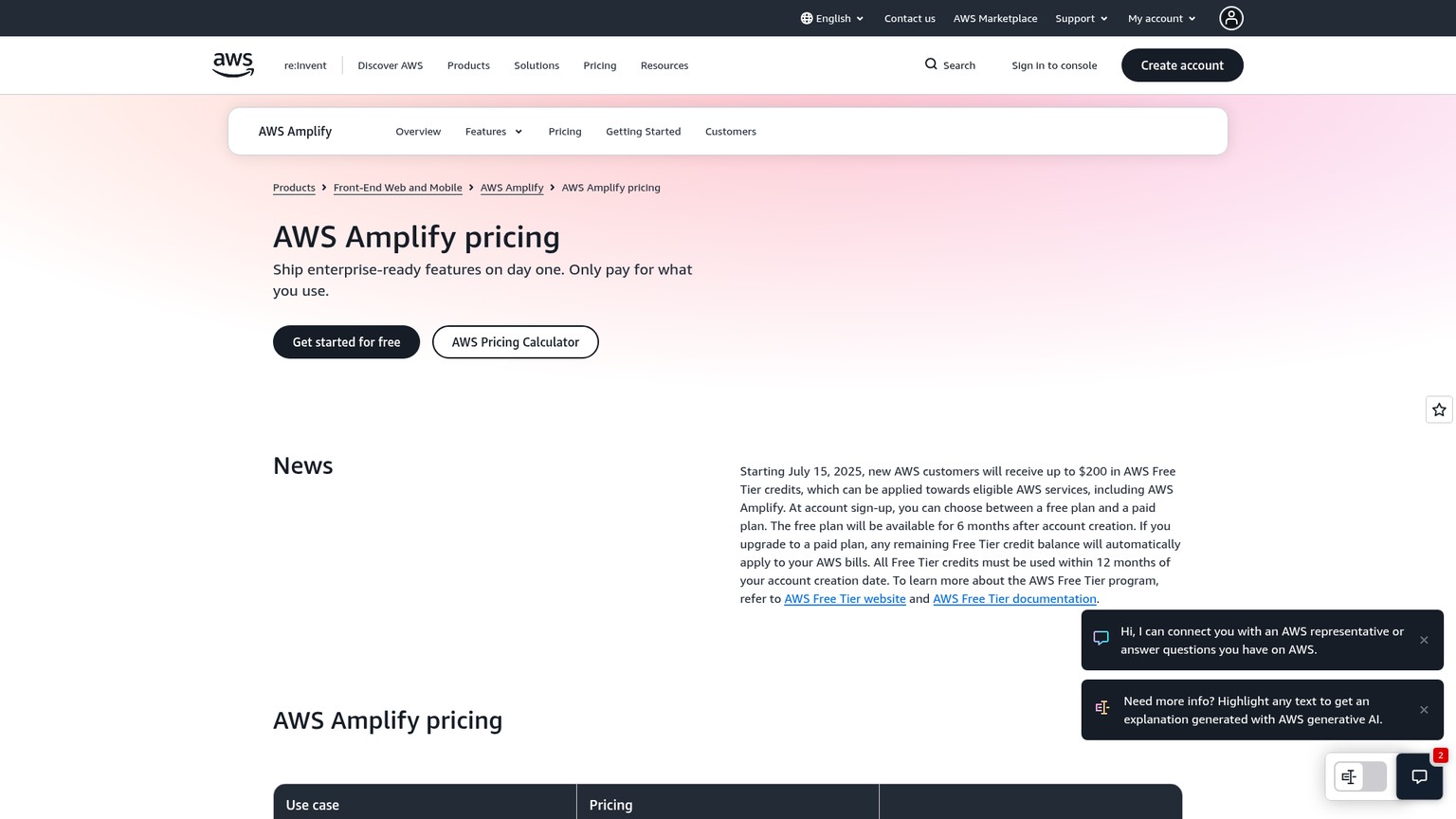 AWS Amplify live pricing page