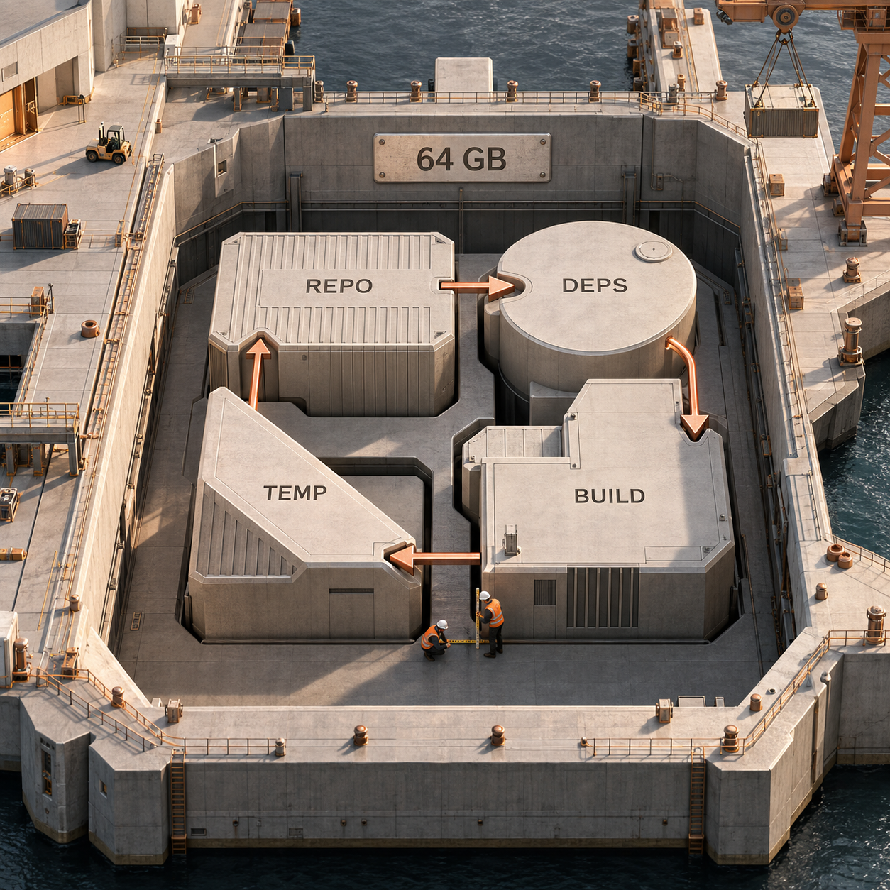 Architectural model showing repository, dependencies, build output, and temporary data sharing one 64 GB Vercel Sandbox workspace
