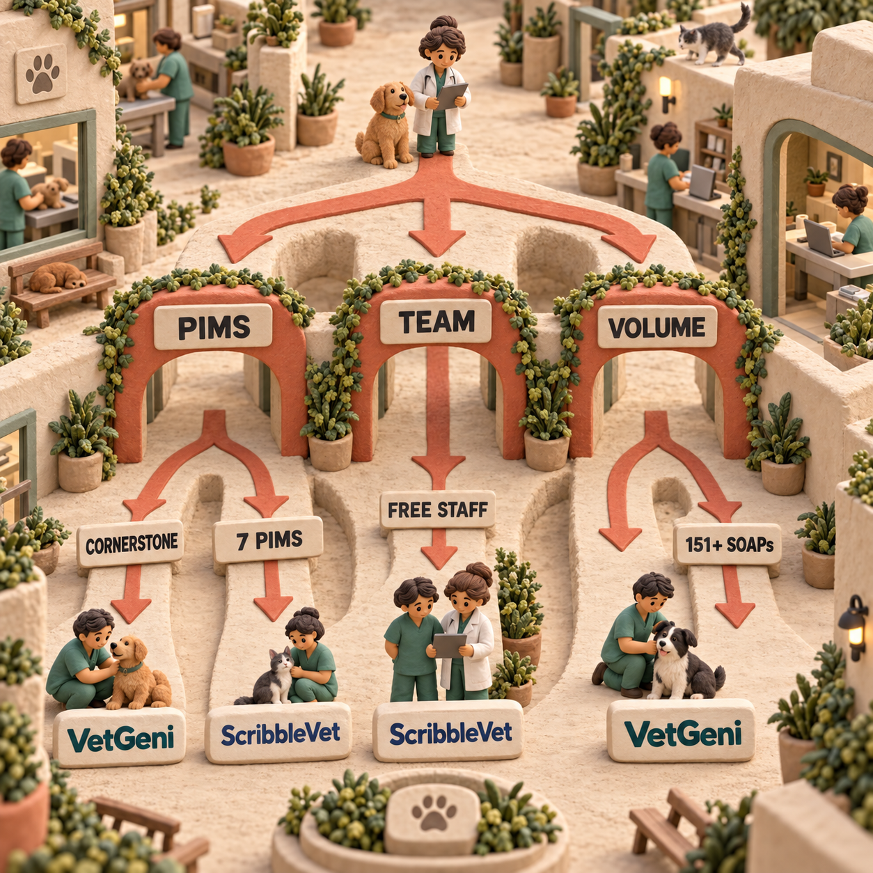Decision flow routing clinics by PIMS, team access, and monthly SOAP volume