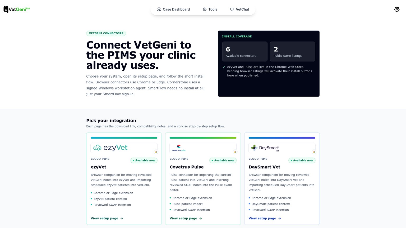 VetGeni integrations page showing its PIMS connector catalog