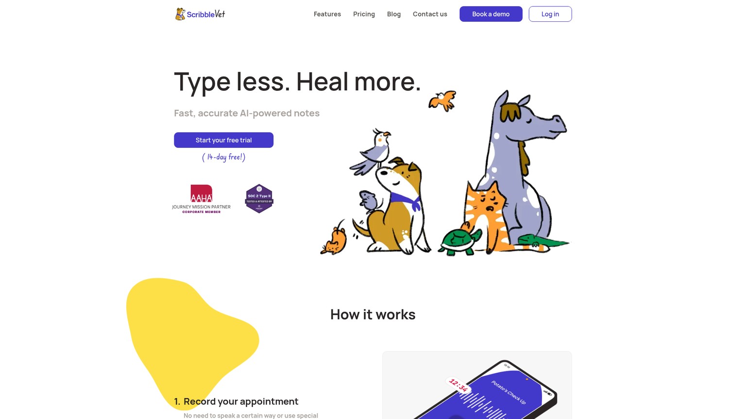 ScribbleVet homepage showing its veterinary note workflow and plans