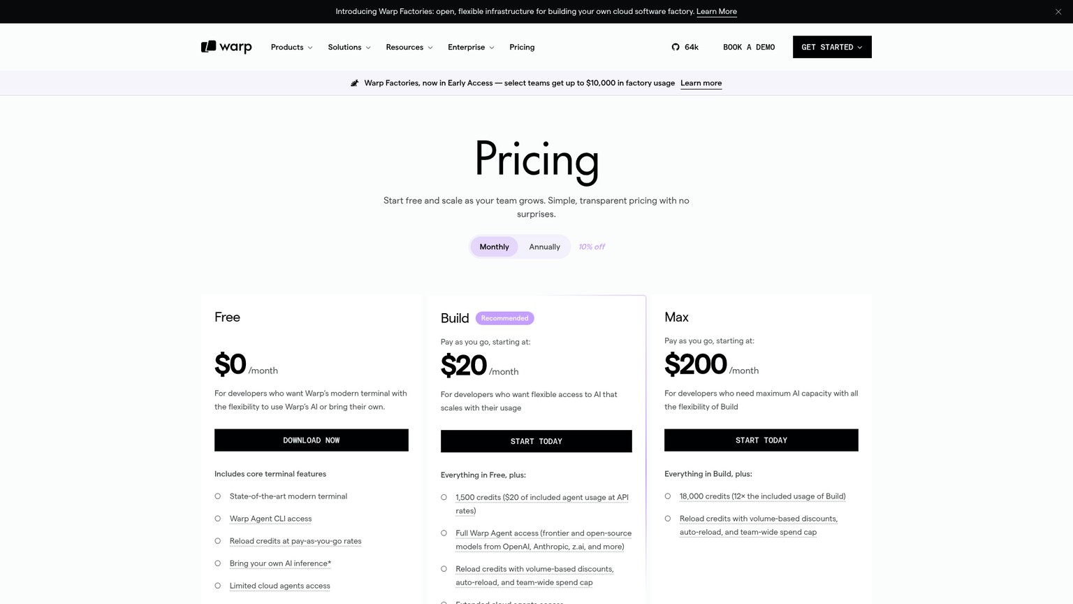 Warp pricing page showing Free, Build, Max, Business, and Enterprise plans