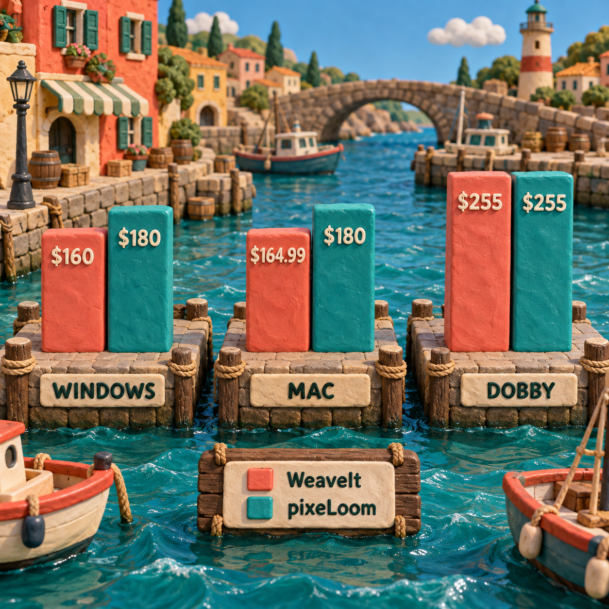 Grouped clay column chart comparing WeaveIt and pixeLoom prices for Windows, Mac and Windows Dobby packages