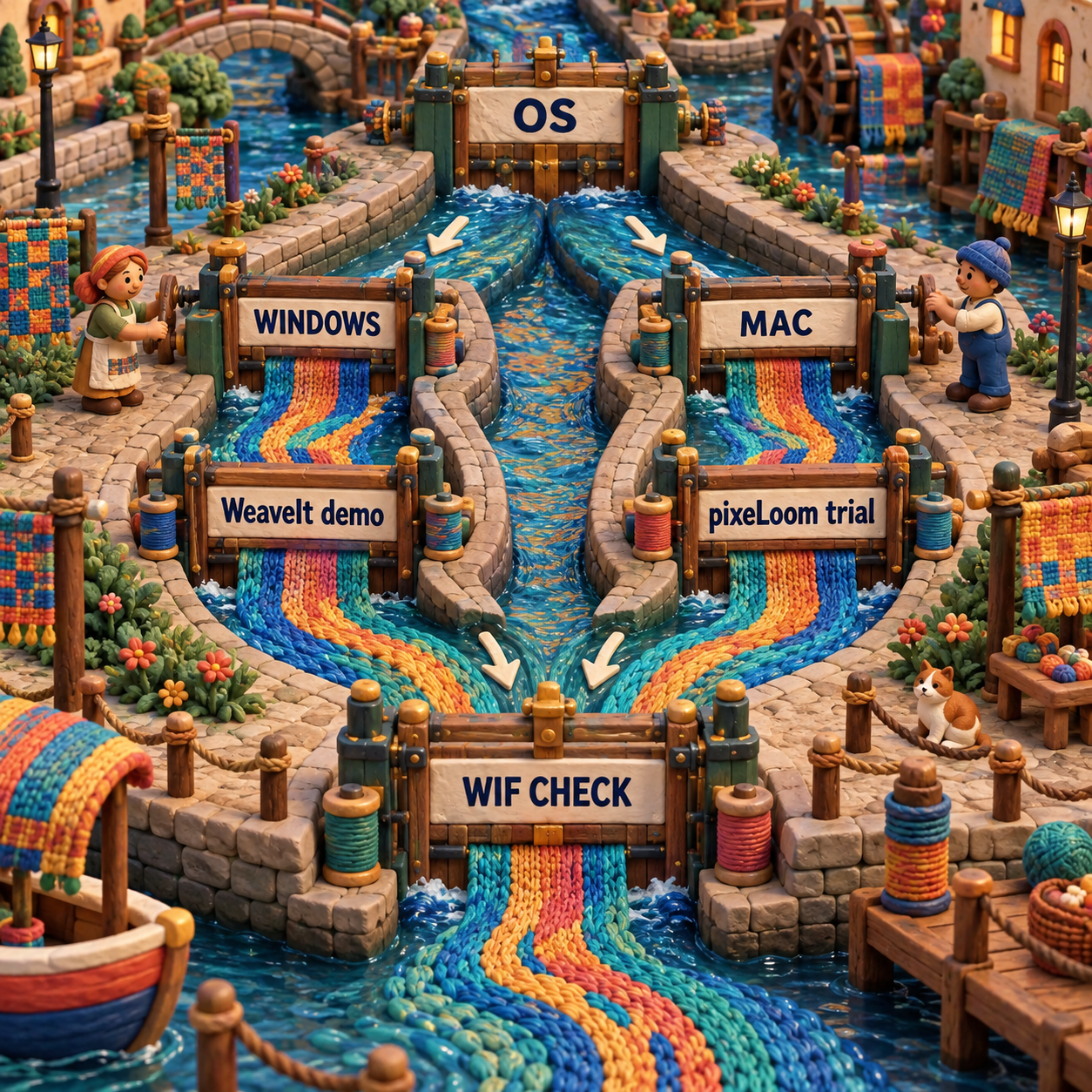 Clay decision flow routing Windows users to the WeaveIt demo and Mac users to the pixeLoom trial before a WIF check